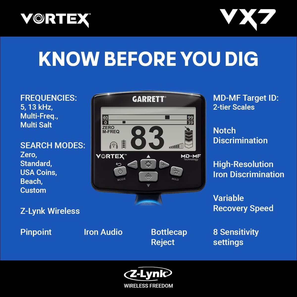 Rize Garrett Vortex VX7 Dedektör - VX7 hedef ID ekranı, iki katmanlı MD-MF okuma ile demir ve iletken hedefleri ayırmaya yardım eder.